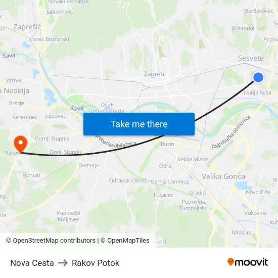 Nova Cesta to Rakov Potok map