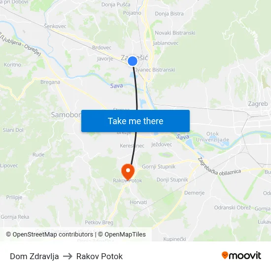 Dom Zdravlja to Rakov Potok map
