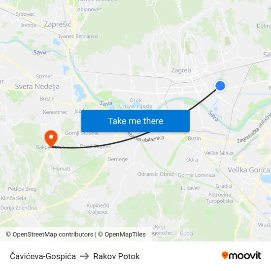 Čavićeva-Gospića to Rakov Potok map