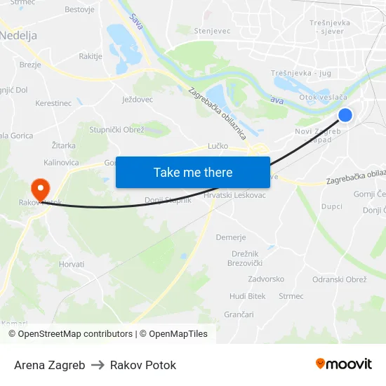 Arena Zagreb to Rakov Potok map