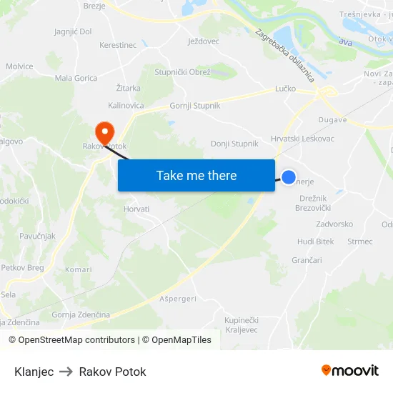Klanjec to Rakov Potok map