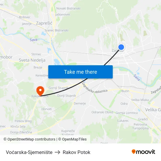 Voćarska-Sjemenište to Rakov Potok map