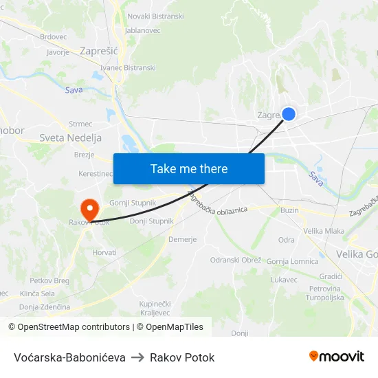 Voćarska-Babonićeva to Rakov Potok map