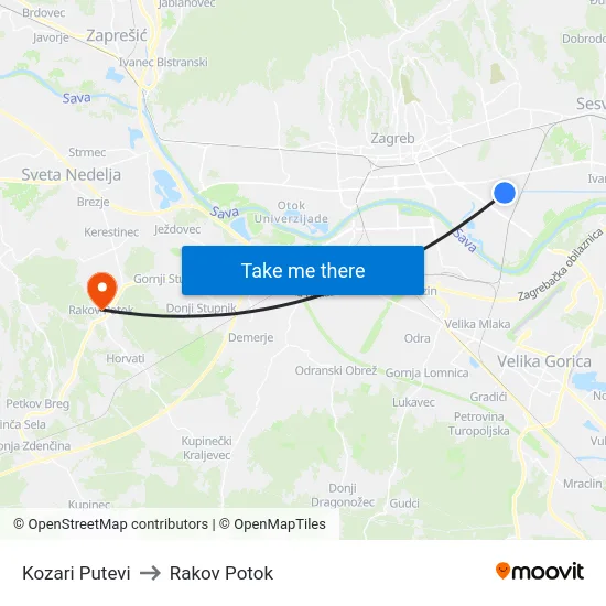 Kozari Putevi to Rakov Potok map
