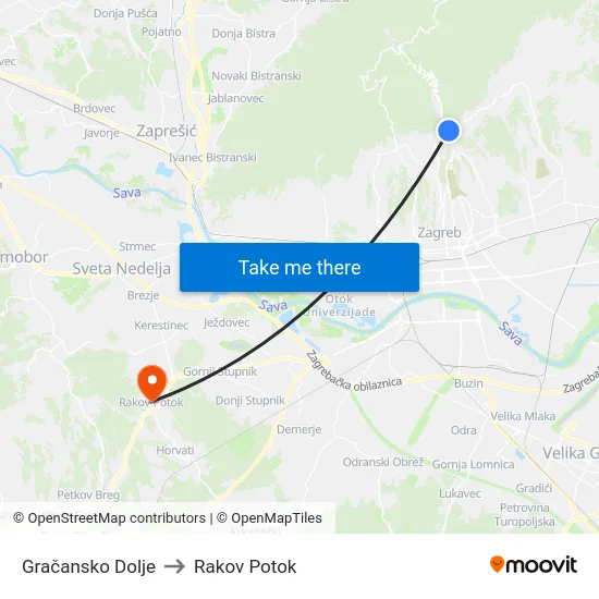 Gračansko Dolje to Rakov Potok map