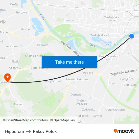Hipodrom to Rakov Potok map