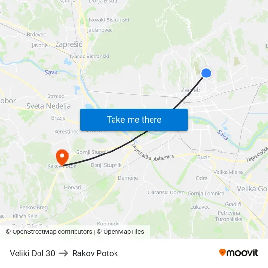 Veliki Dol 30 to Rakov Potok map