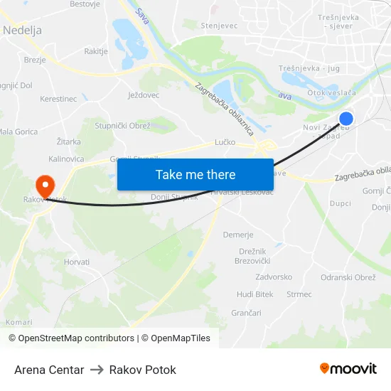 Arena Centar to Rakov Potok map