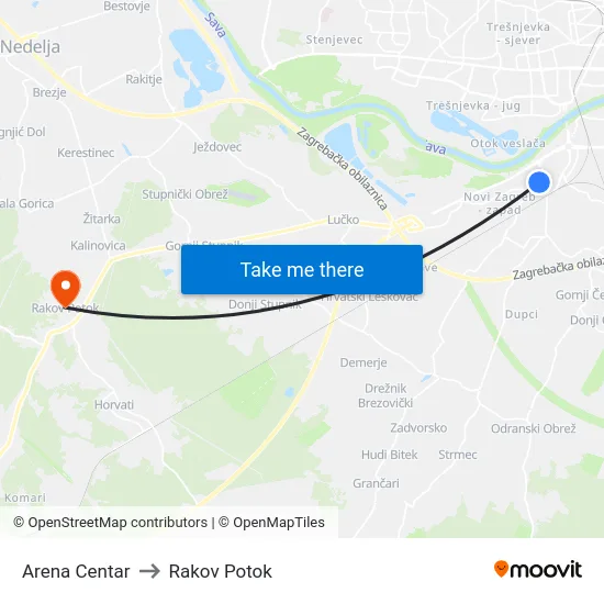 Arena Centar to Rakov Potok map