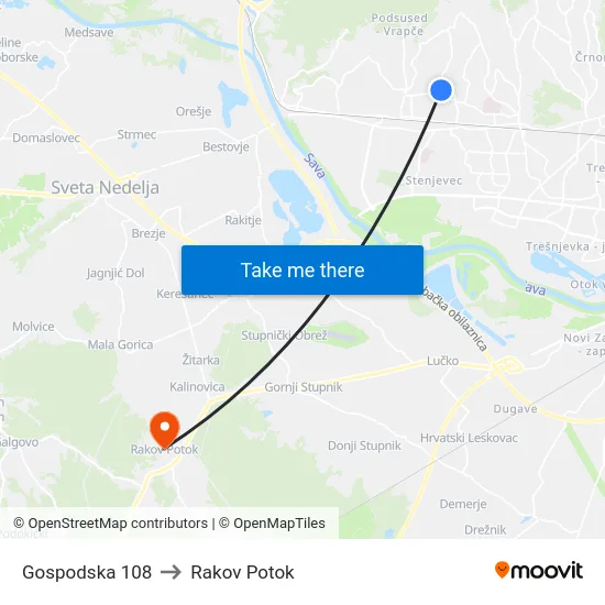Gospodska 108 to Rakov Potok map