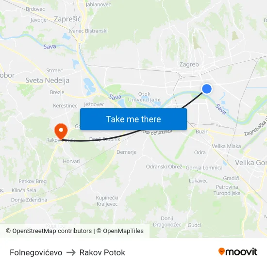 Folnegovićevo to Rakov Potok map