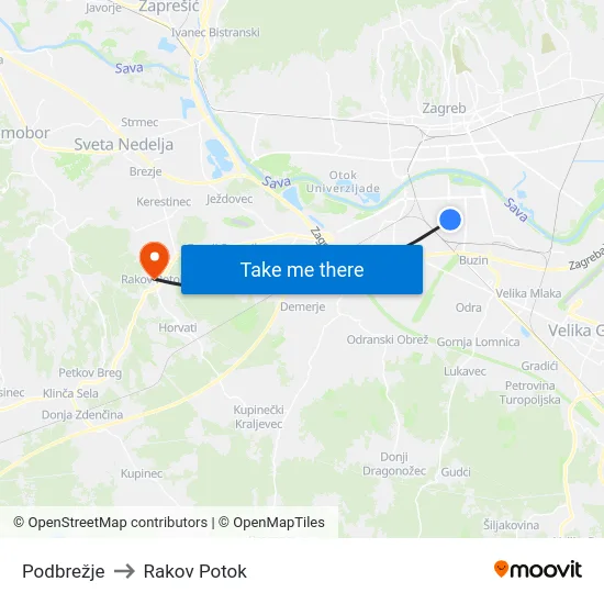 Podbrežje to Rakov Potok map