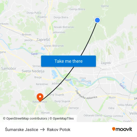 Šumarske Jaslice to Rakov Potok map