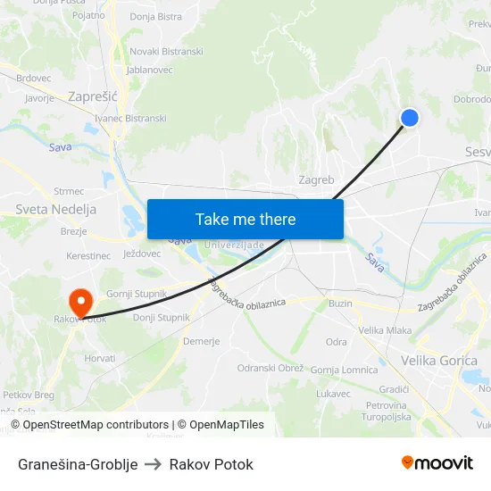 Granešina-Groblje to Rakov Potok map
