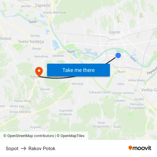 Sopot to Rakov Potok map