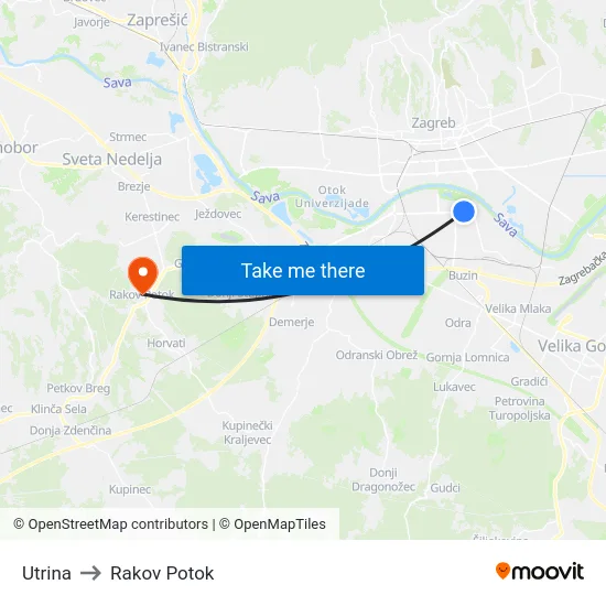 Utrina to Rakov Potok map