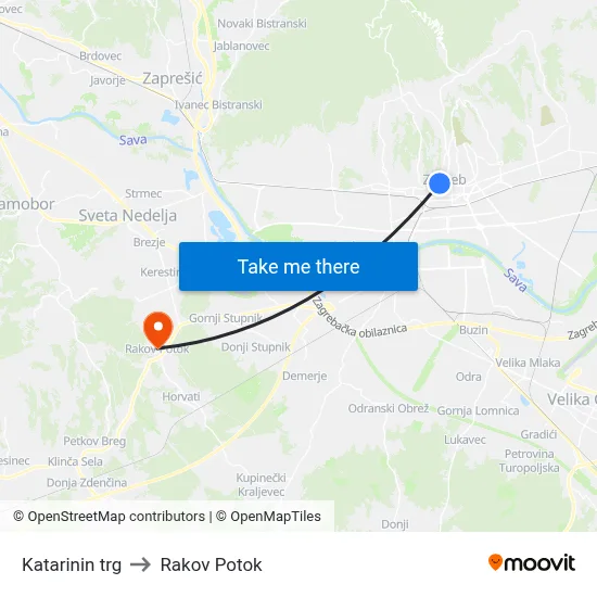 Katarinin trg to Rakov Potok map
