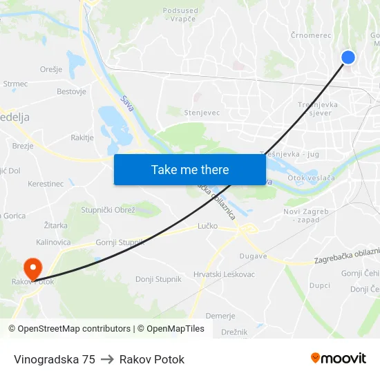 Vinogradska 75 to Rakov Potok map