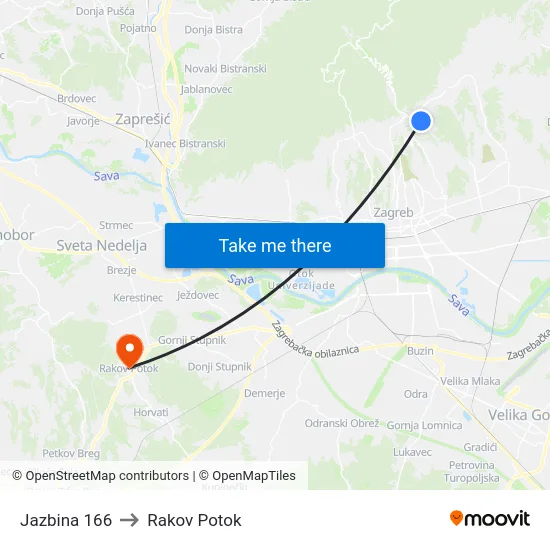 Jazbina 166 to Rakov Potok map