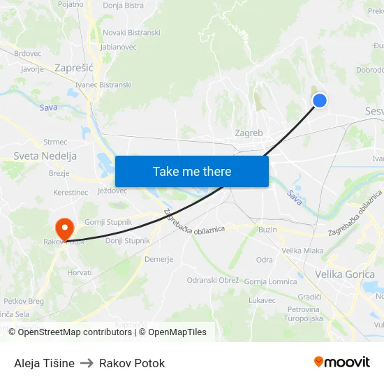 Aleja Tišine to Rakov Potok map