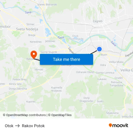 Otok to Rakov Potok map