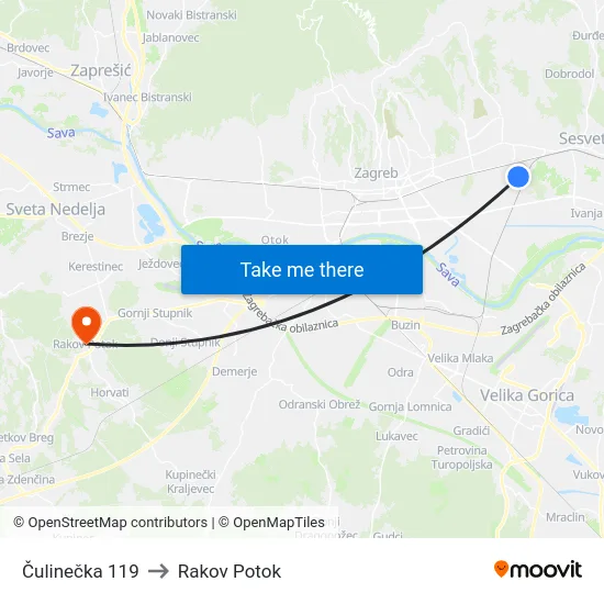 Čulinečka 119 to Rakov Potok map