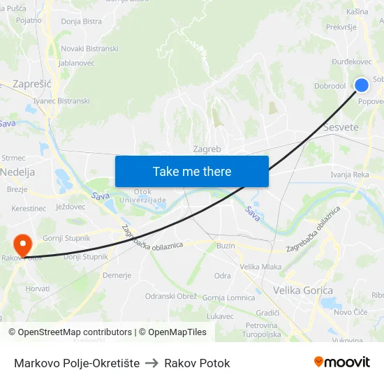 Markovo Polje-Okretište to Rakov Potok map