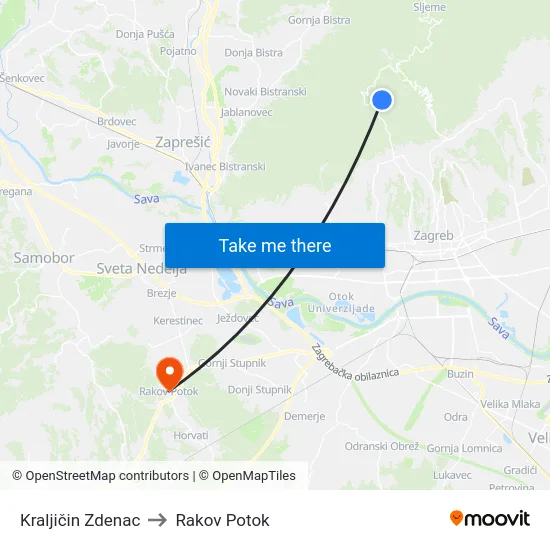 Kraljičin Zdenac to Rakov Potok map