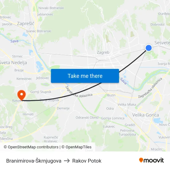 Branimirova-Škrnjugova to Rakov Potok map