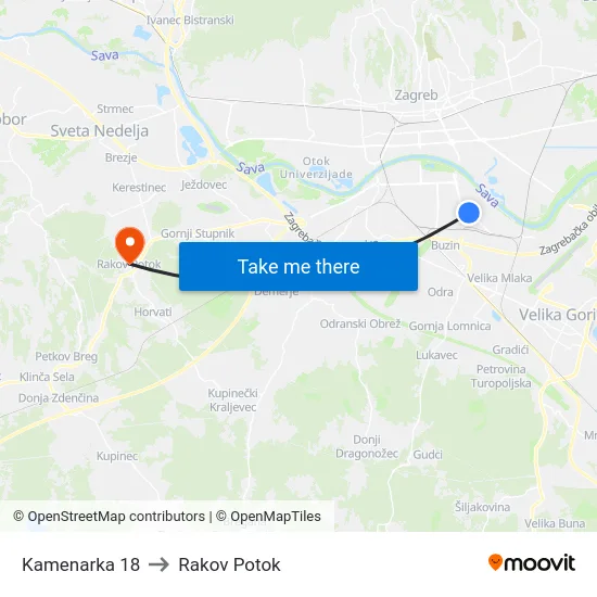 Kamenarka 18 to Rakov Potok map