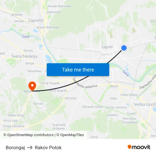 Borongaj to Rakov Potok map