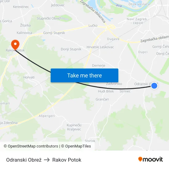 Odranski Obrež to Rakov Potok map