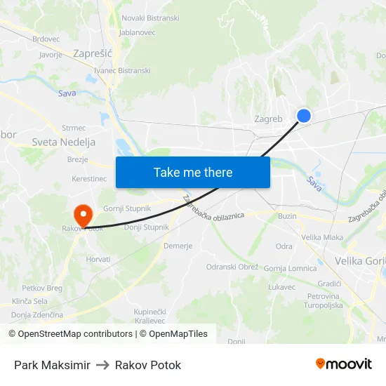 Park Maksimir to Rakov Potok map