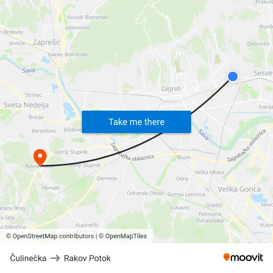 Čulinečka to Rakov Potok map