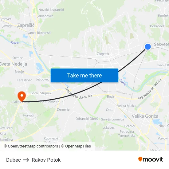 Dubec to Rakov Potok map