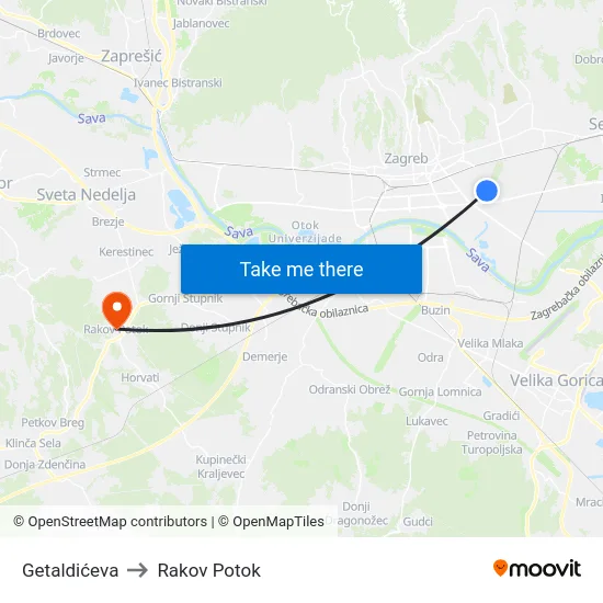 Getaldićeva to Rakov Potok map