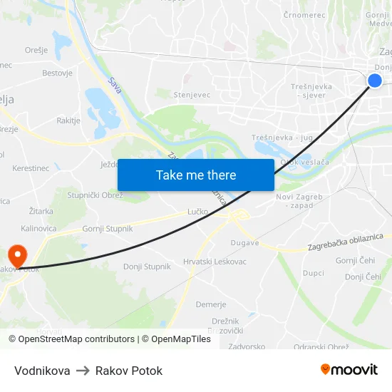 Vodnikova to Rakov Potok map