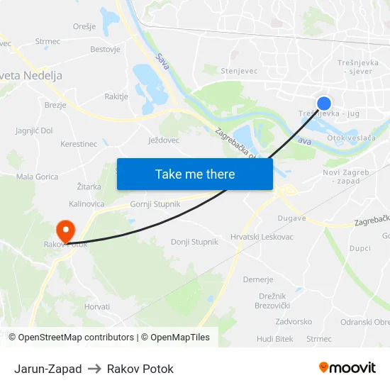 Jarun-Zapad to Rakov Potok map