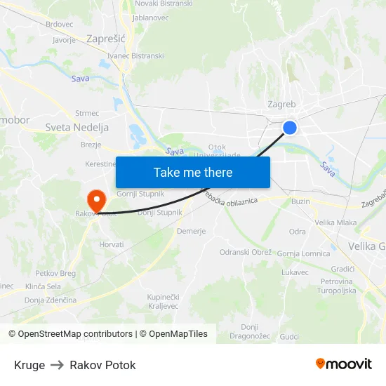 Kruge to Rakov Potok map