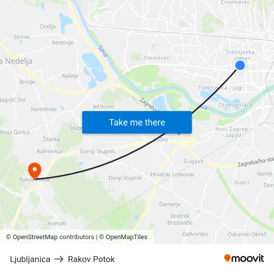 Ljubljanica to Rakov Potok map