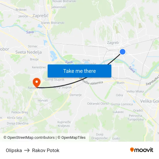 Olipska to Rakov Potok map