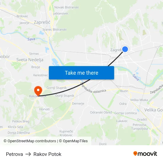 Petrova to Rakov Potok map