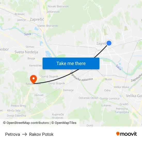 Petrova to Rakov Potok map