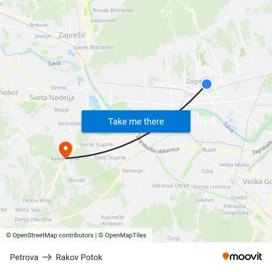 Petrova to Rakov Potok map