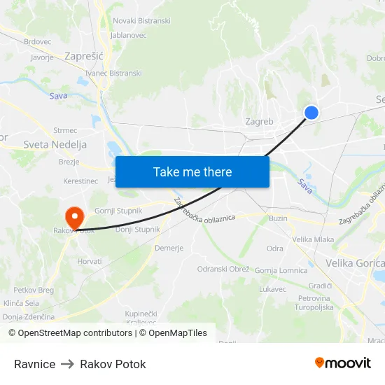Ravnice to Rakov Potok map