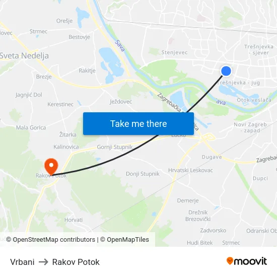Vrbani to Rakov Potok map