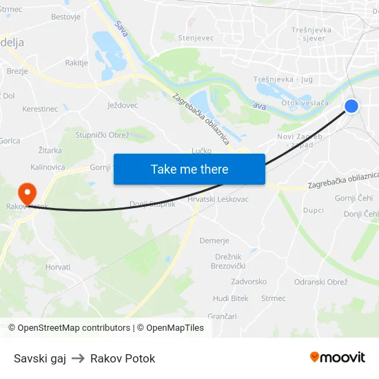 Savski gaj to Rakov Potok map