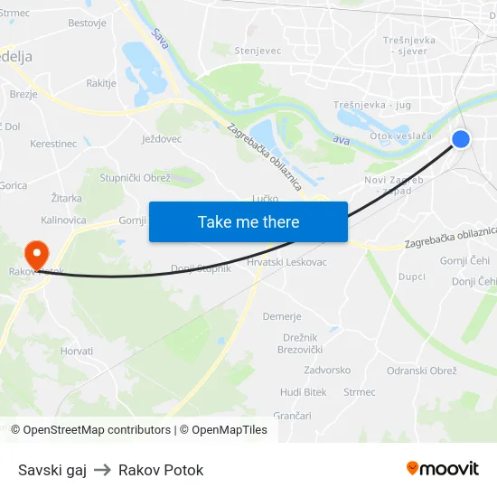 Savski gaj to Rakov Potok map