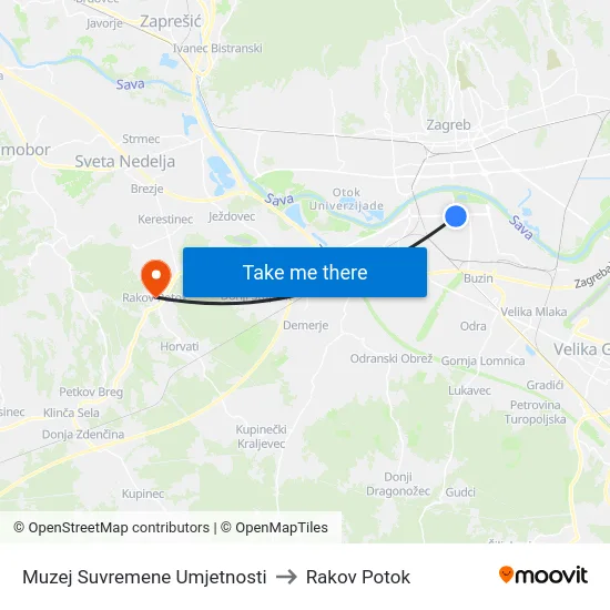 Muzej Suvremene Umjetnosti to Rakov Potok map