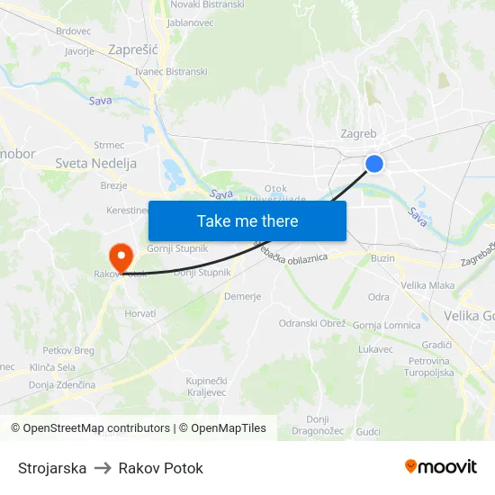 Strojarska to Rakov Potok map
